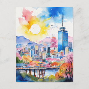 Cartão Postal Arte de Aquarela Viagens Coreia do Sul