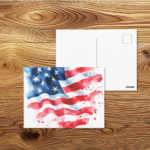 Cartão Postal Arte de Bandeira Americana em Aquarela