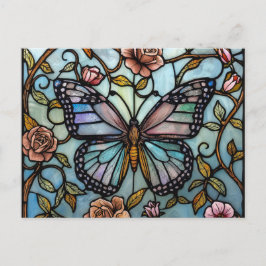 Cartão Postal arte de borboleta azul em vidro colorido vintage