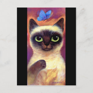 Cartão Postal Arte de Borboleta Felina de Gato Siamês - Multipl