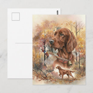 Cartão Postal Arte de Caça Irlandesa Setter e Faisão de Outono