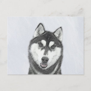 Cartão Postal Arte de Cão Siberiana (Preto e Branco)