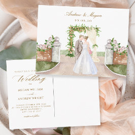 Cartão Postal Arte de casal do jardim de casamentos com aquarela