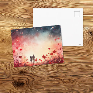 Cartão Postal Arte de Casal Romântico sob o Céu Estrelado