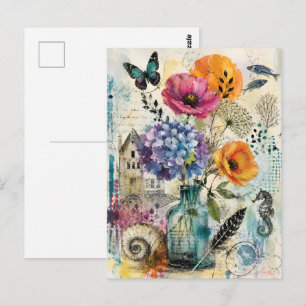 Cartão Postal Arte de Colagem Mista Botânica Vibrante