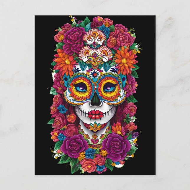 Cartão Postal Arte de Crânio de Açúcar - Dia de los Muertos Colo (Frente)