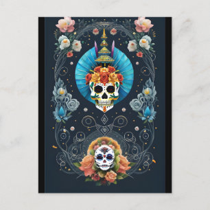 Cartão Postal Arte de Crânios Açucarados - Vibrante Dia dos Mort