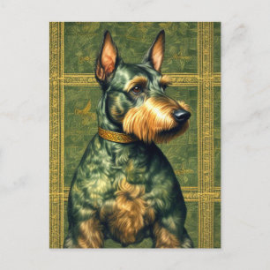 Cartão Postal Arte de Estilo Retroativo de Cão Verde e Dourado