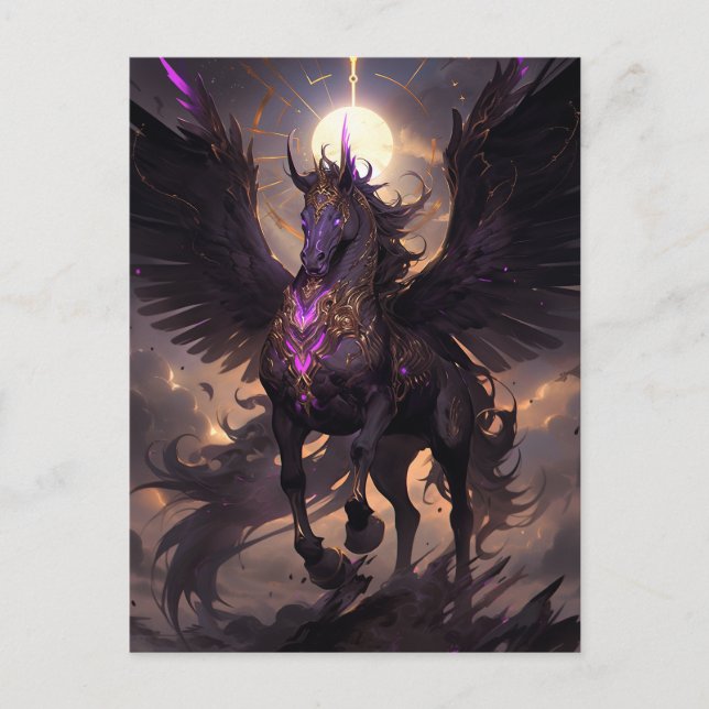 Cartão Postal Arte de Fantasia em Unicórnio Roxo Negro (Frente)