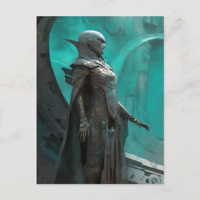 Cartão Postal Arte de Ficção Científica Guerreira Futurística (Frente)