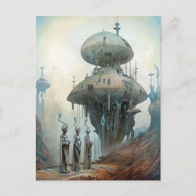 Cartão Postal Arte de Ficção Científica Retrofuturista (Frente)