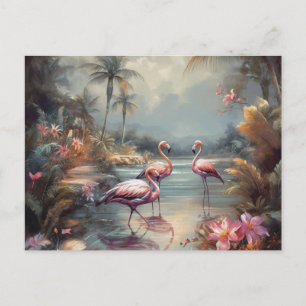 Cartão Postal Arte de Flamingo Tropical Vintage Laguna Flórida