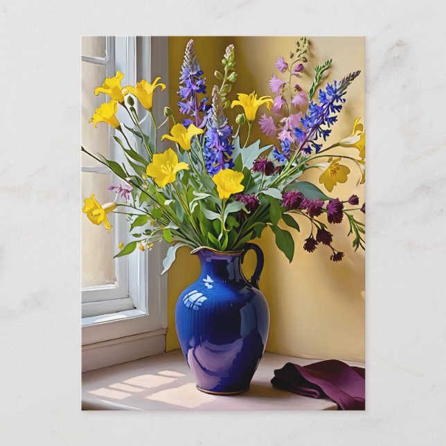 Cartão Postal Arte de Flores Azuis Amarelas Roxas (Frente)