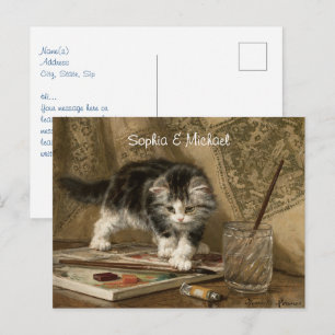 Cartão Postal Arte de gatinho vintage fofo, nomes e mensagem