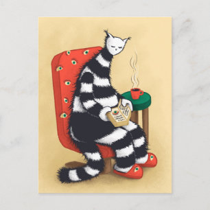 Cartão Postal Arte de Gato Estranho Lendo
