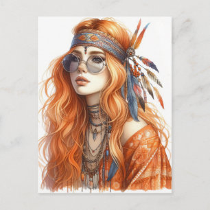 Cartão Postal Arte de IA Boho Girl Moda Boêmia