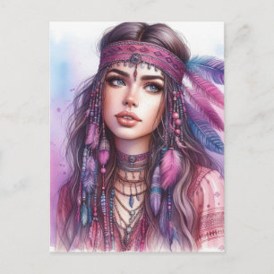 Cartão Postal Arte de IA Boho Girl Moda Boêmia