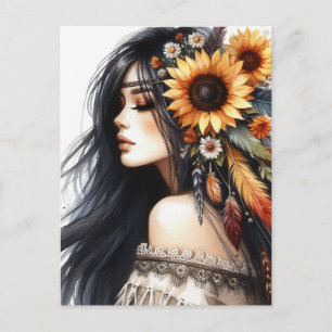 Cartão Postal Arte de IA Boho Girl Moda Boêmia