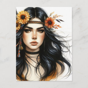 Cartão Postal Arte de IA Boho Girl Moda Boêmia