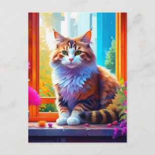 Cartão Postal Arte de IA de Gato Fofo Sentado na Janela da Cidad