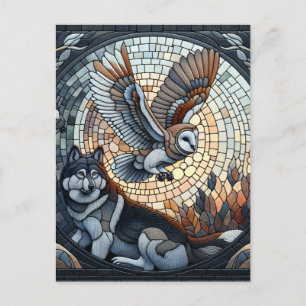 Cartão Postal Arte de IA de Mosaico de Coruja e Lobo