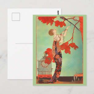 Cartão Postal Arte de Jardim Chique Francês Art Nouveau Papagaio