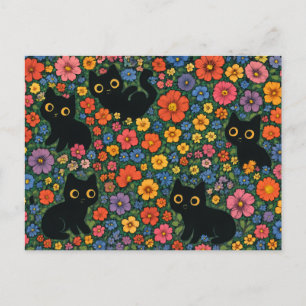 Cartão Postal Arte de Jardim Kawaii   Padrão Floral de Gato Pret