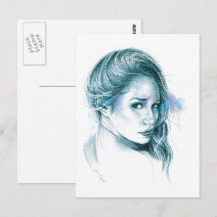 Cartão Postal Arte de lápis de retrato feminino azul