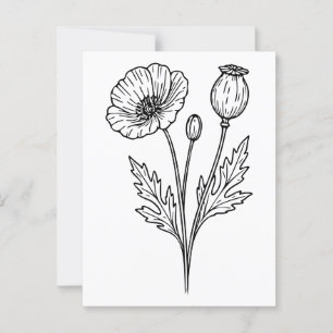 Cartão Postal Arte de Linha Flor Botânica de Papoula