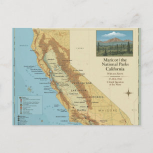 Cartão Postal Arte de Mapa Antigo dos Parques Nacionais da Calif