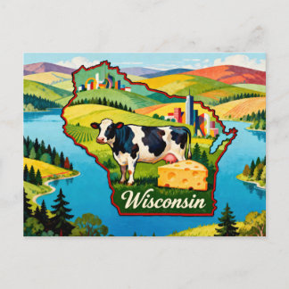 Cartão Postal Arte de Mapa Conceitual Vibrante de Wisconsin