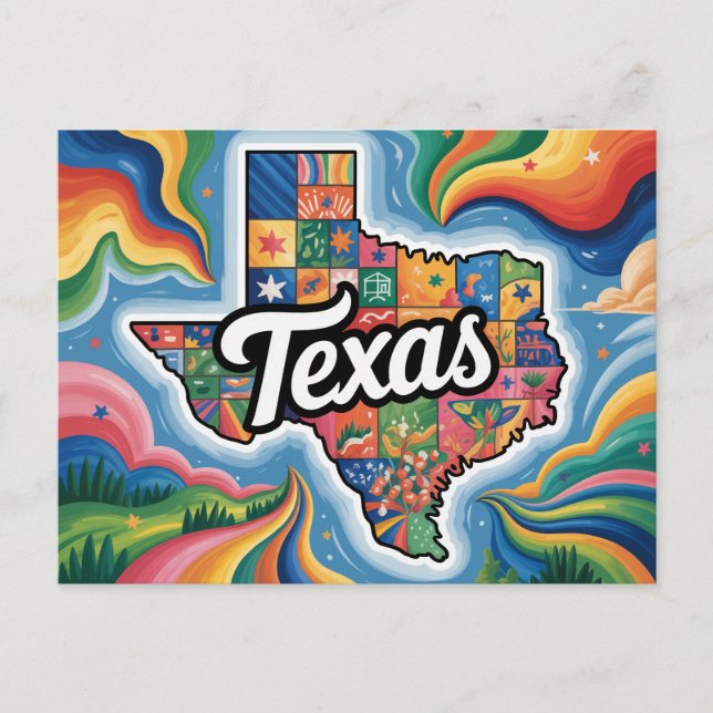 Cartão Postal Arte de Mapa Conceitual Vibrante do Texas (Frente)