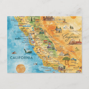 Cartão Postal Arte de Mapa de Aquarela Ilustrado da Califórnia