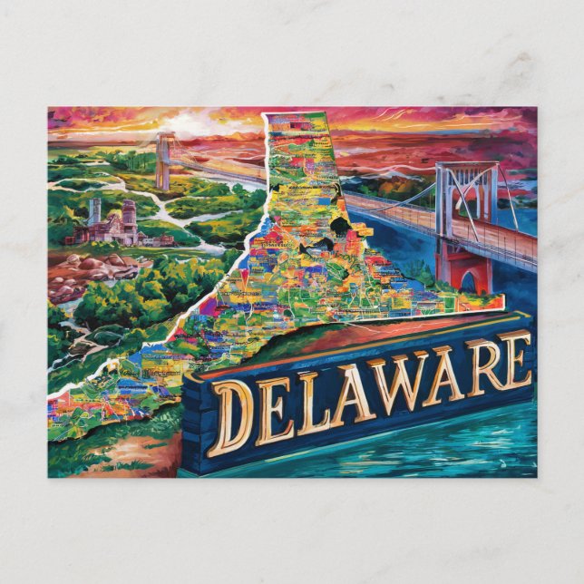Cartão Postal Arte de Mapa de Delaware Vibrante (Frente)