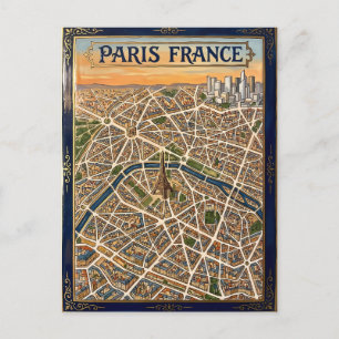 Cartão Postal Arte de Mapa de Esmalte Pintado à Mão Paris França