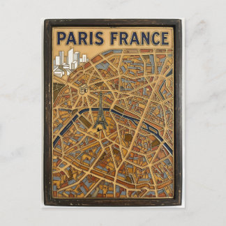 Cartão Postal Arte de Mapa de Esmalte Pintado à Mão Paris França