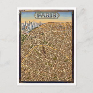 Cartão Postal Arte de Mapa de Esmalte Pintado à Mão Paris França