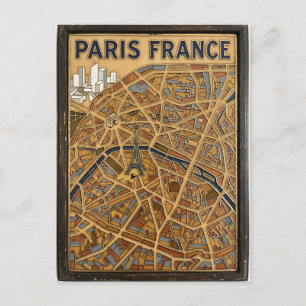 Cartão Postal Arte de Mapa de Esmalte Pintado à Mão Paris França