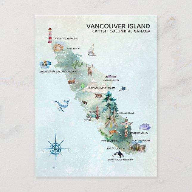Cartão Postal Arte de Mapa de Ilhas de Vancouver Aquarela (Frente)