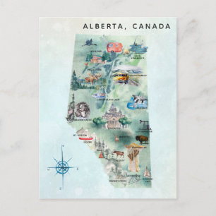 Cartão Postal Arte de Mapa Ilustrado de Alberta Canadá em Aquare