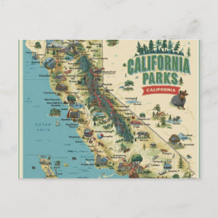 Cartão Postal Arte de Mapa Ilustrado dos Parques da Califórnia V