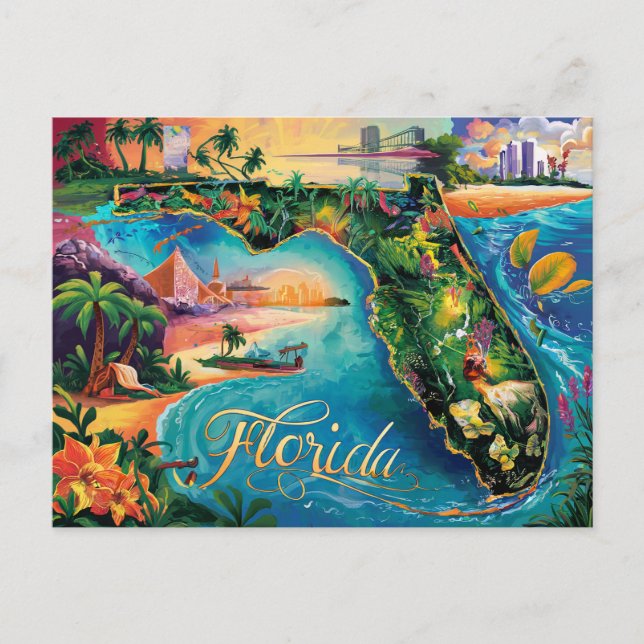 Cartão Postal Arte de Mapa Vibrante da Flórida (Frente)