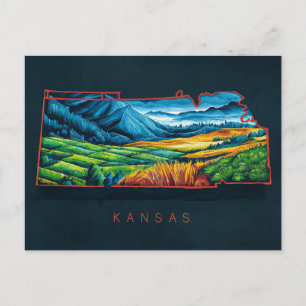 Cartão Postal Arte de Mapa Vibrante do Kansas