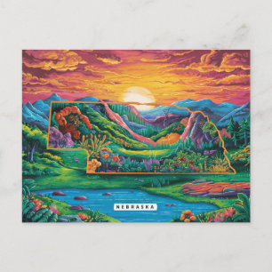 Cartão Postal Arte de Mapa Vibrante do Nebraska