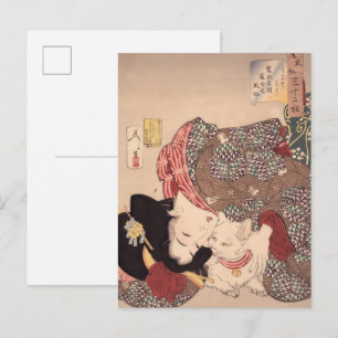 Cartão Postal Arte de mulher japonesa e gato   público 1839-1892