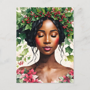 Cartão Postal Arte de Natal de Menina Negra com Holly e Poinsett