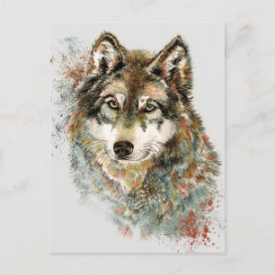 Cartão Postal Arte de natureza animal selvagem lobo cinza aquare