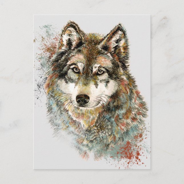 Cartão Postal Arte de natureza animal selvagem lobo cinza aquare (Frente)