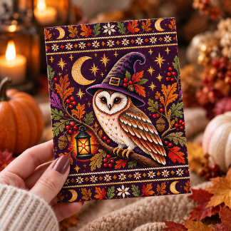 Cartão Postal Arte de Outono de Halloween de Coruja Bruxa Tricot