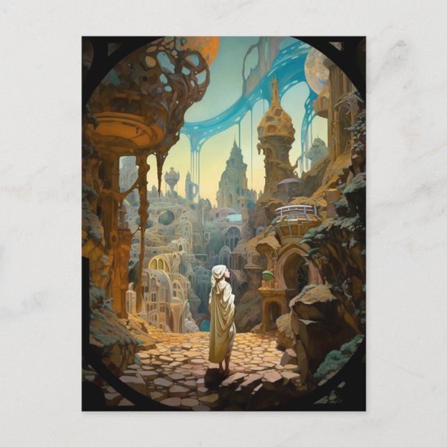 Cartão Postal Arte de Paisagem de Cidade Surreal Fantasy (Frente)